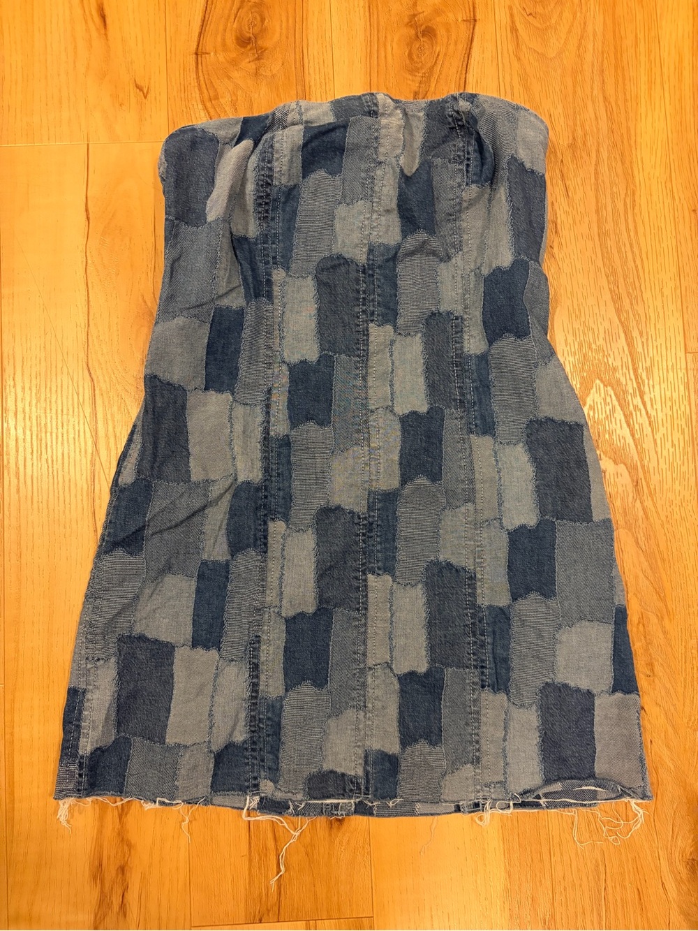 Wild Fable strapless blue denim patchwork mini dress